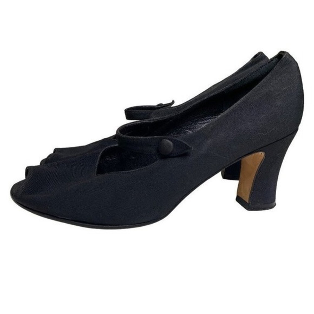 Evan Picone feather construction peep toe straps pumps black fabric vintage shoe - Picture 7 of 11